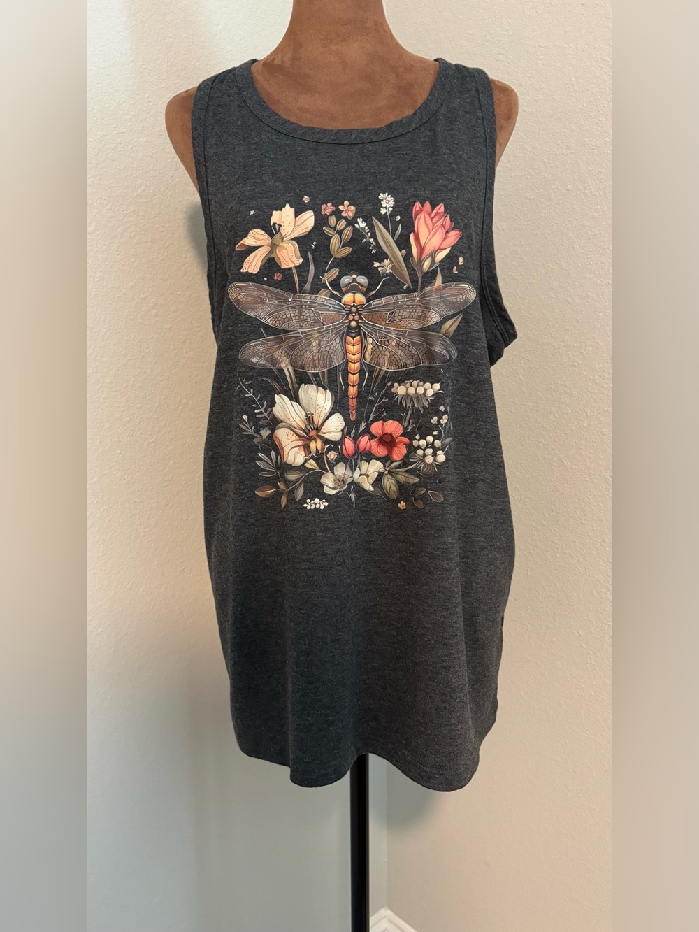 NWOT Dragonfly Floral Graphic Tank Top Boho Cottagecore Dark Gray Sleeveless